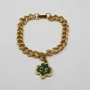 Vintage Girl Scouts Green Enamel Trefoil Gold Tone Charm Bracelet 7” Length